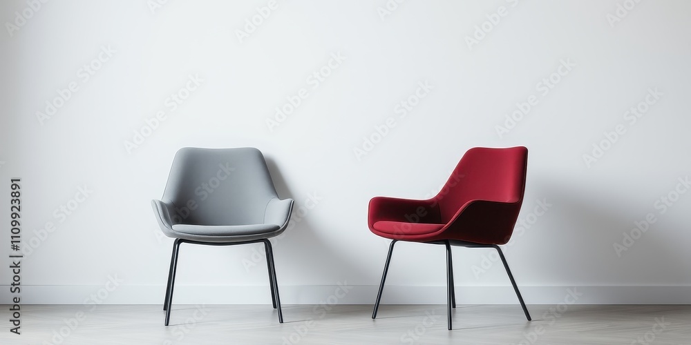 Two chairs facing each other with white wall in background, one red chair and one gray chair, both chairs have black metal legs Two chairs facing each other with white wall in background, one red chair and one gray chair, both chairs have black metal legs