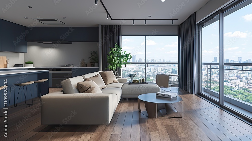 Fototapeta premium Modern Apartment Living Room With City View