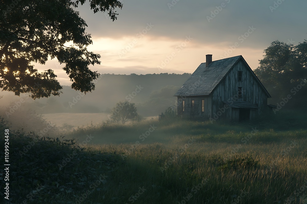 A solitary, weathered house stands in a misty landscape at dawn. A solitary, weathered house stands in a misty landscape at dawn.