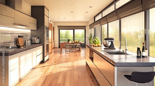 Modern Kitchen Design With Island and Sunny View