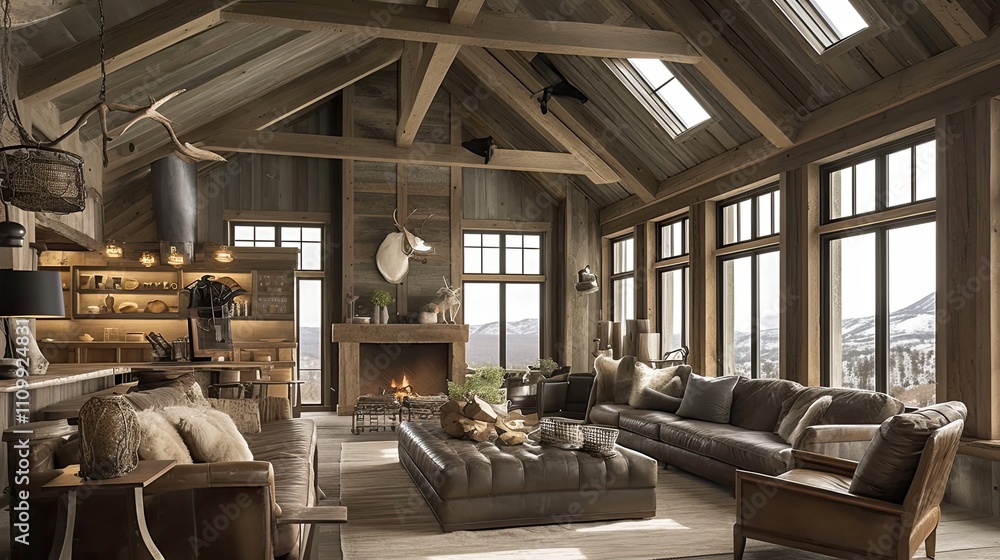 Luxurious Mountain Cabin Living Room With Fireplace Luxurious Mountain Cabin Living Room With Fireplace