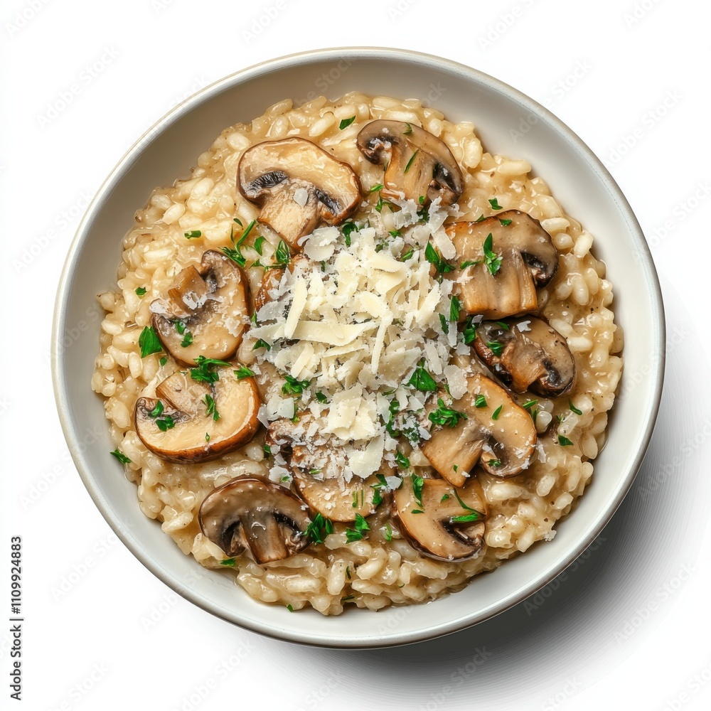 A bowl of creamy mushroom risotto topped with parmesan shavings, isolated white background, abstract art style A bowl of creamy mushroom risotto topped with parmesan shavings, isolated white background, abstract art style