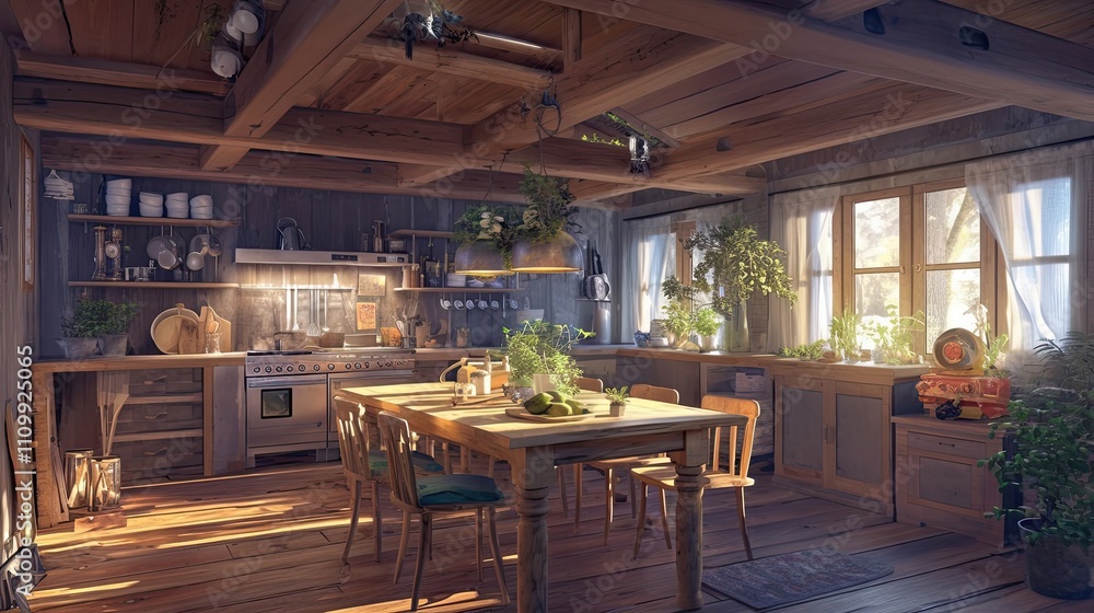 Rustic Wooden Kitchen With Sunlight And Plants Rustic Wooden Kitchen With Sunlight And Plants