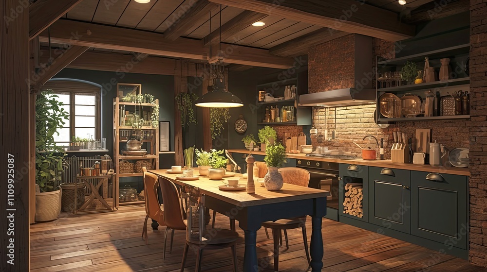 Obraz premium Rustic Farmhouse Kitchen Dining Room Design