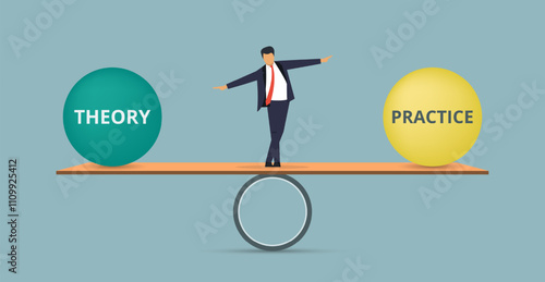 Theory and practice in balance. Businessman's balancing balls on scale that symbolize harmony and equity between Theory and practice that is good and beneficial