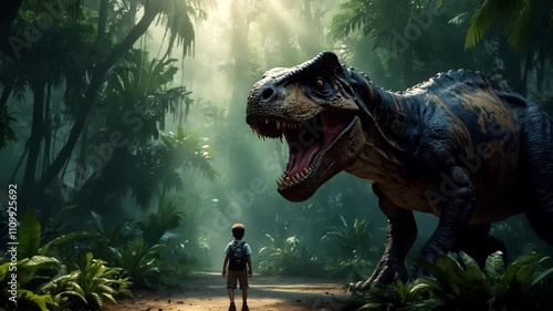 A T-Rex dinosaur and a child in a fantastic jungle. 01.