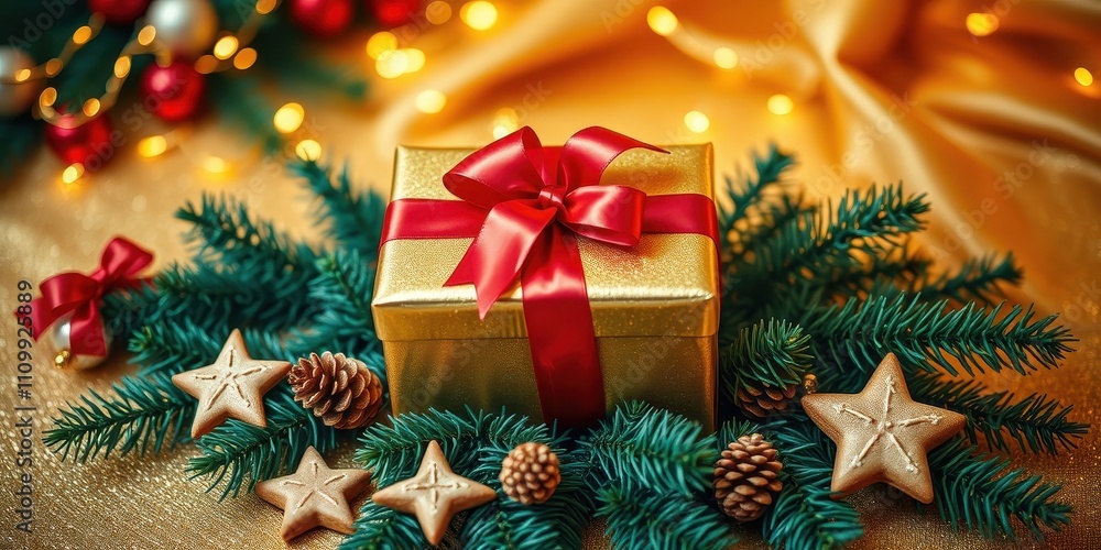 A golden gift box tied with a red ribbon nestled among evergreen branches and star-shaped cookies, adorned with twinkling lights and a festive glow. A golden gift box tied with a red ribbon nestled among evergreen branches and star-shaped cookies, adorned with twinkling lights and a festive glow.