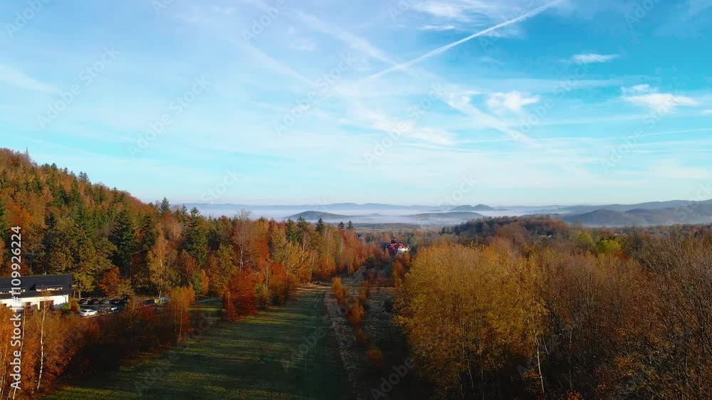 drone flight over tourist area mountains forest autumn Karpacz Poland drone flight over tourist area mountains forest autumn Karpacz Poland