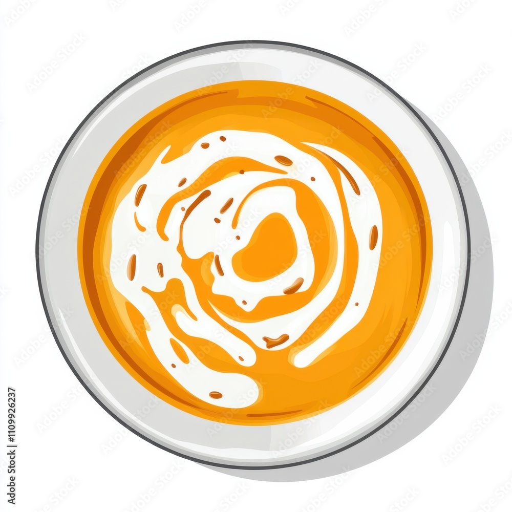 Obraz premium A bowl of creamy pumpkin soup with a drizzle of coconut cream, isolated white background, minimalist art style