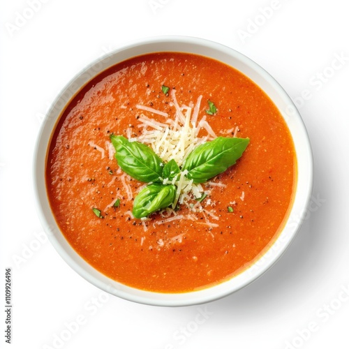 A bowl of creamy tomato basil soup with a sprinkle of parmesan cheese, isolated white background, minimalist art style