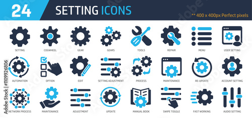 Set of glyph solid icons related setting, repair, maintenance, adjustment. 400x400px Perfect pixel on transparent background