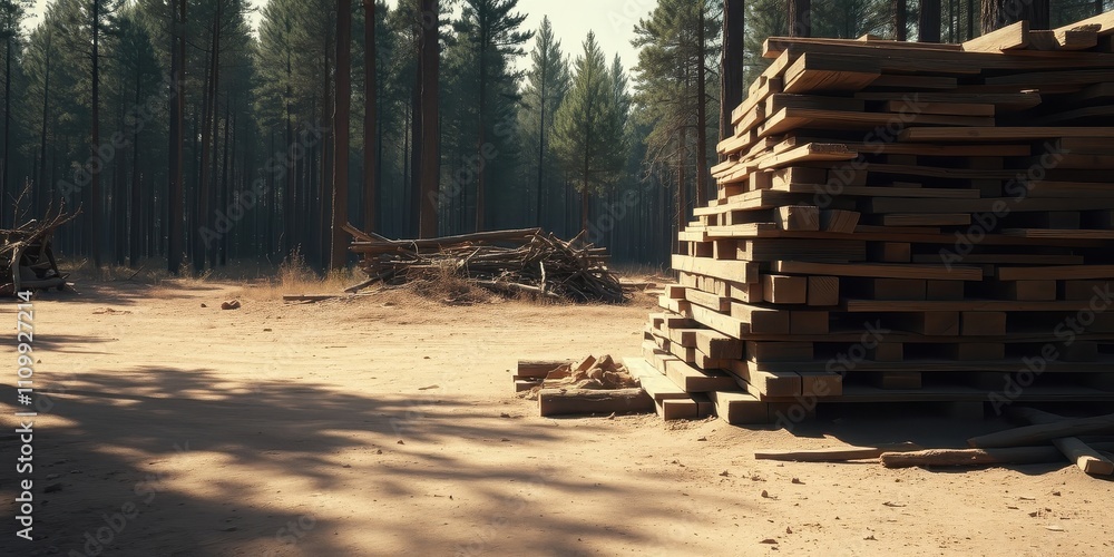 Obraz premium A pile of stacked wooden planks rests in a clearing of a forest, surrounded by fallen branches and sunlight dappling the sandy ground.