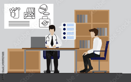 Illustration of background of seeing a doctor in a clinic, seeing a doctor for treatment and medication consultation