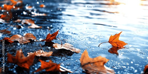 frosty autumn leaves blowing in the wind  photo