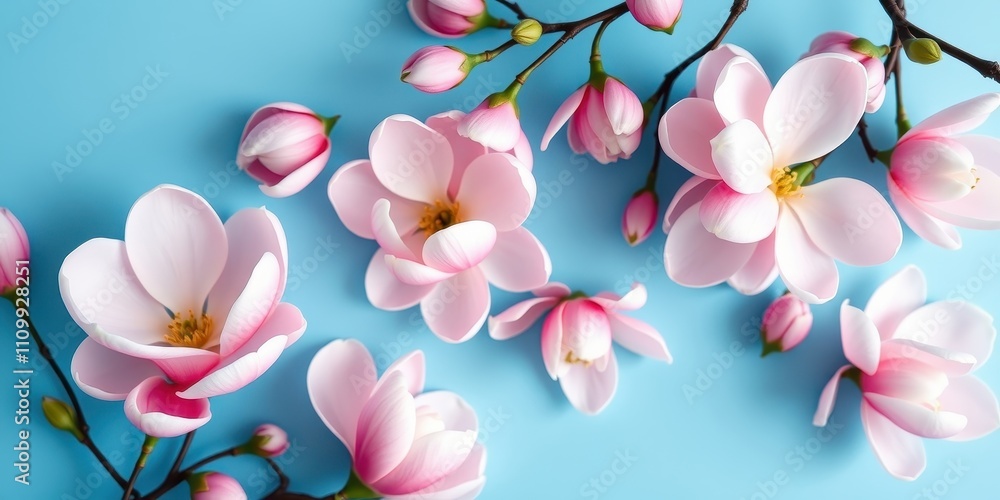 Fototapeta premium Delicate pink magnolia blossoms arranged on a vibrant blue background, creating a captivating floral display of springtime beauty.