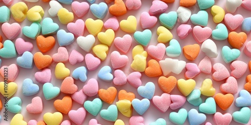 Colorful Pastel Heart Shaped Candies Arranged in a Pattern Ideal for Sweet Treat Themes or Festive Celebrations