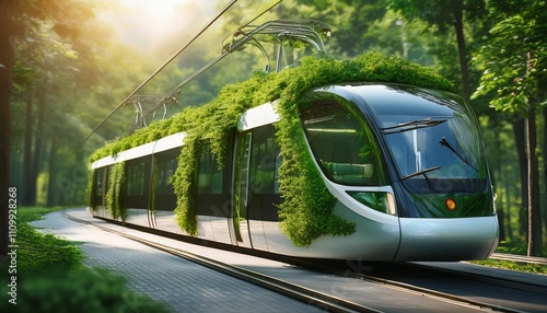 A Futuristic tram surrounded by greenery, representing sustainable and eco friendly public transport