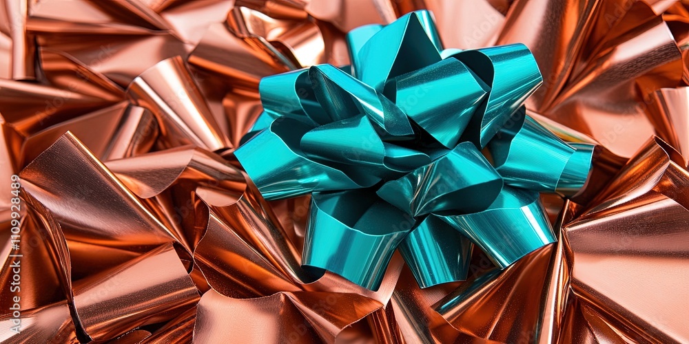 copper present wrapped in turquoise bow, christmas holiday copper present wrapped in turquoise bow, christmas holiday