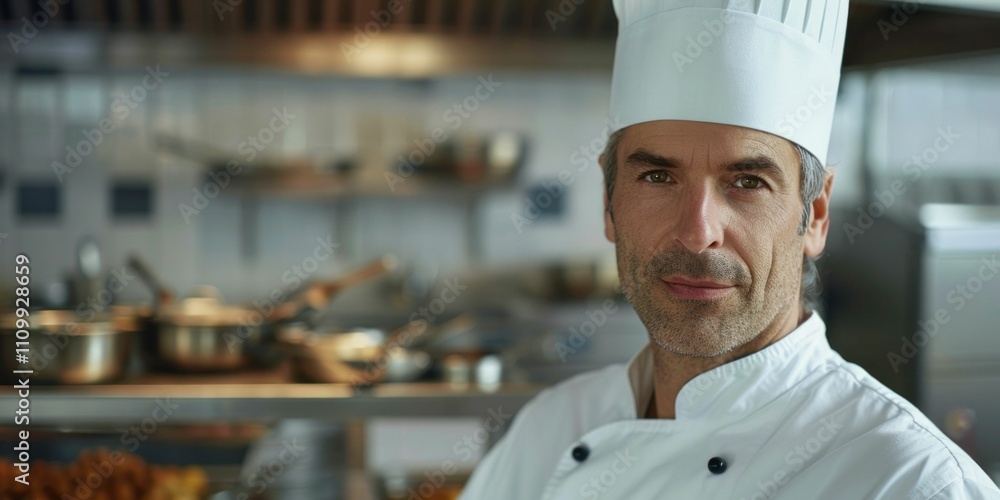 Chef in professional kitchen, wearing a white chef s hat and uniform, standing confidently in a busy kitchen with cooking utensils in the background Chef in professional kitchen, wearing a white chef s hat and uniform, standing confidently in a busy kitchen with cooking utensils in the background