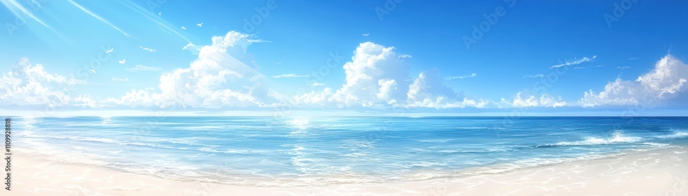 Fototapeta premium A serene beach scene with clear blue skies, gentle waves, and soft white sand.
