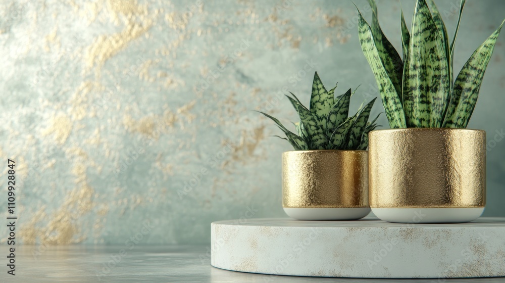 Elegant indoor scene featuring two potted plants on a stylish pedestal against a textured wall. Elegant indoor scene featuring two potted plants on a stylish pedestal against a textured wall.