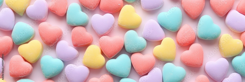 Pastel Colored Heart Shaped Candies Arranged in a Fun and Playful Pattern on a Light Background for Sweet Treat Inspiration Pastel Colored Heart Shaped Candies Arranged in a Fun and Playful Pattern on a Light Background for Sweet Treat Inspiration