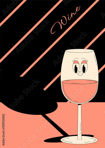 Retro wine festival poster. Groovy character pink wine glass with face and empty space. Vintage vector illustration 70s, 80s style