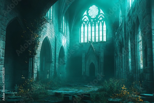 Wallpaper Mural A mystical, abandoned church interior with overgrown plants and ethereal lighting. Torontodigital.ca