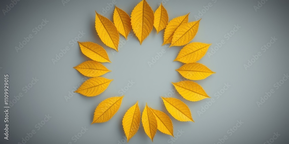 Obraz premium A circle of golden leaves arranged in a circular pattern against a cool, grey background.