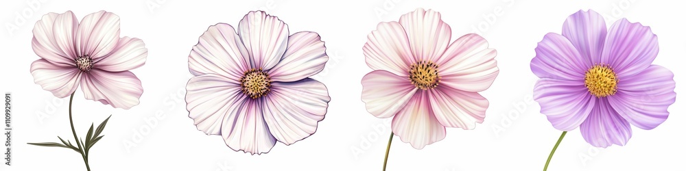 Detailed Illustration of Cosmos Flowers with Soft Colors Detailed Illustration of Cosmos Flowers with Soft Colors