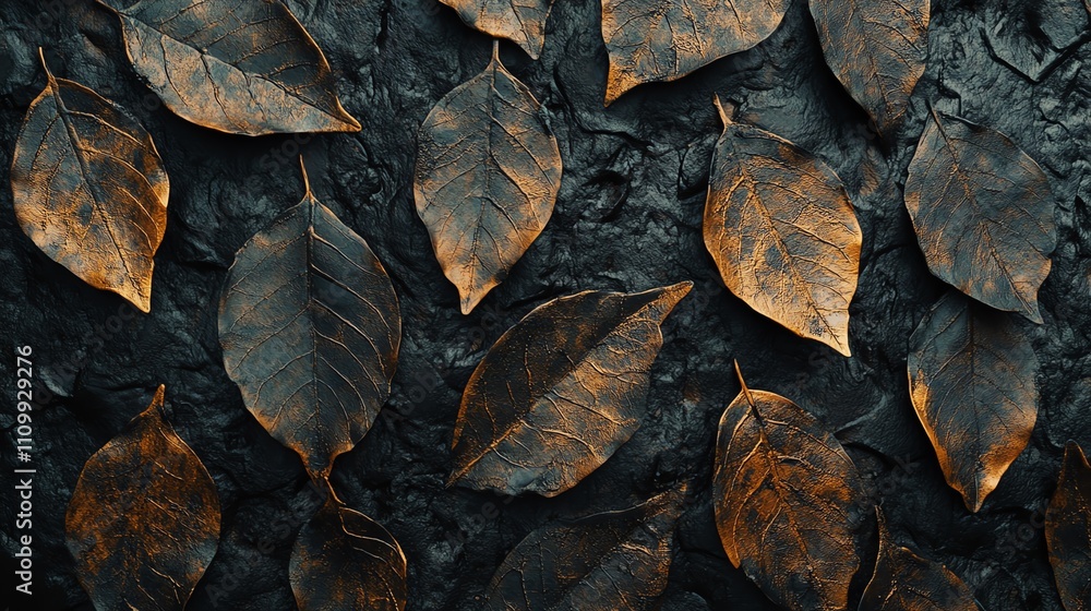Brown leaves on a dark textured surface. Brown leaves on a dark textured surface.