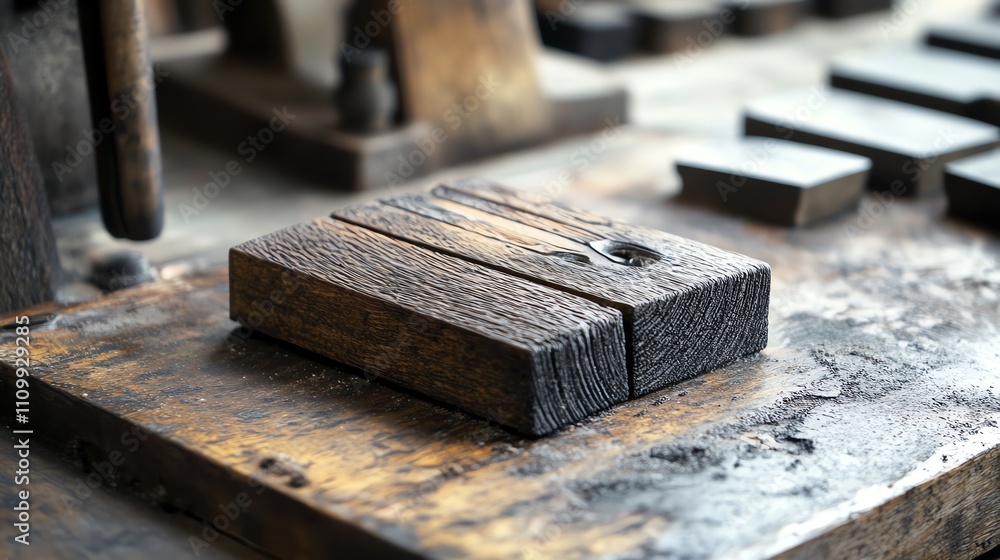 Close-up of a wooden block on a workbench. Close-up of a wooden block on a workbench.