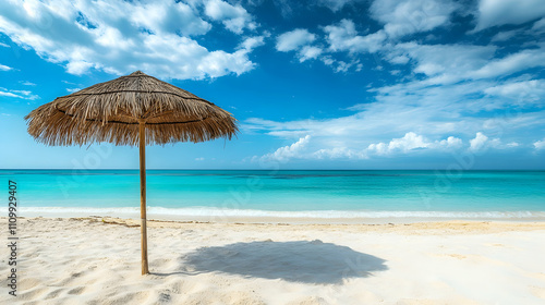  A large, traditional, woven, thatched, straw parasol umbrella with a bamboo handle. and blew sky 