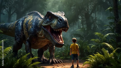 A T-Rex dinosaur and a child in a fantastic jungle. 03.