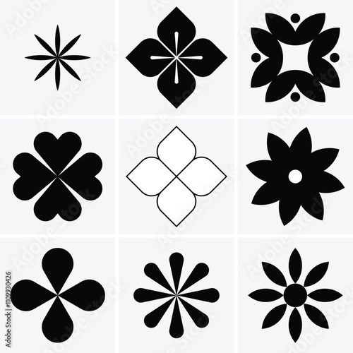 Set of trendy flower silhouette, floral symmetrical tattoo stickers geometric shape vector
