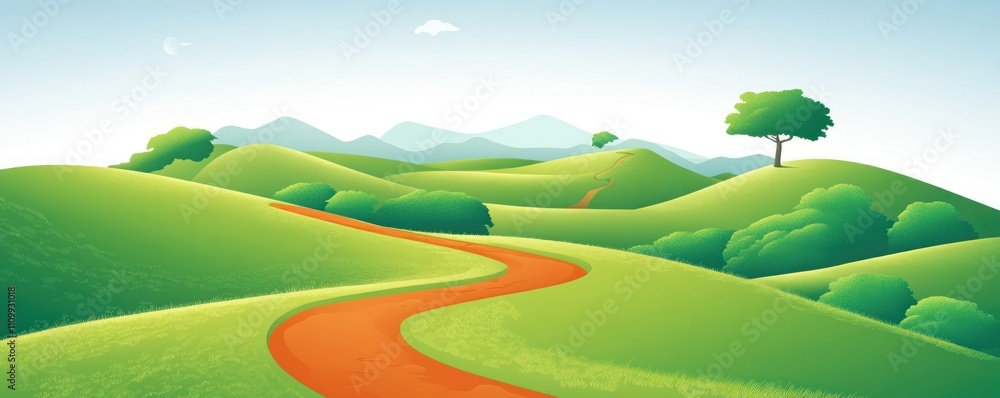 Obraz premium A serene landscape featuring rolling green hills and a winding red path under a clear sky.