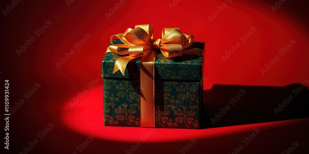 Obraz premium A single green gift box tied with a golden ribbon, illuminated by a spotlight on a bright red surface