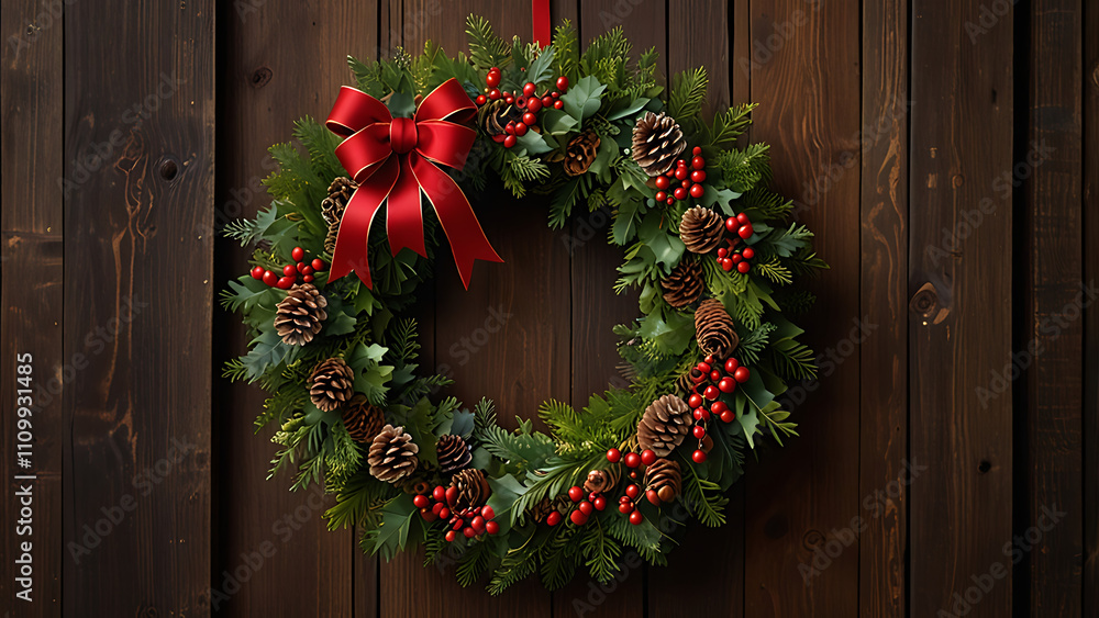 AI-generated Rustic Christmas Wreath with Red Ribbon on a Wooden Door AI-generated Rustic Christmas Wreath with Red Ribbon on a Wooden Door