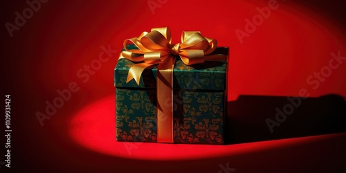 Wallpaper Mural A single green gift box tied with a golden ribbon, illuminated by a spotlight on a bright red surface Torontodigital.ca