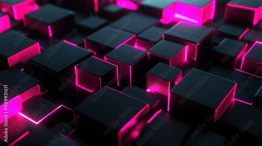 an abstract composition of dark cubes featuring glowing pink light seams, creating a vibrant and playful aesthetic. an abstract composition of dark cubes featuring glowing pink light seams, creating a vibrant and playful aesthetic.