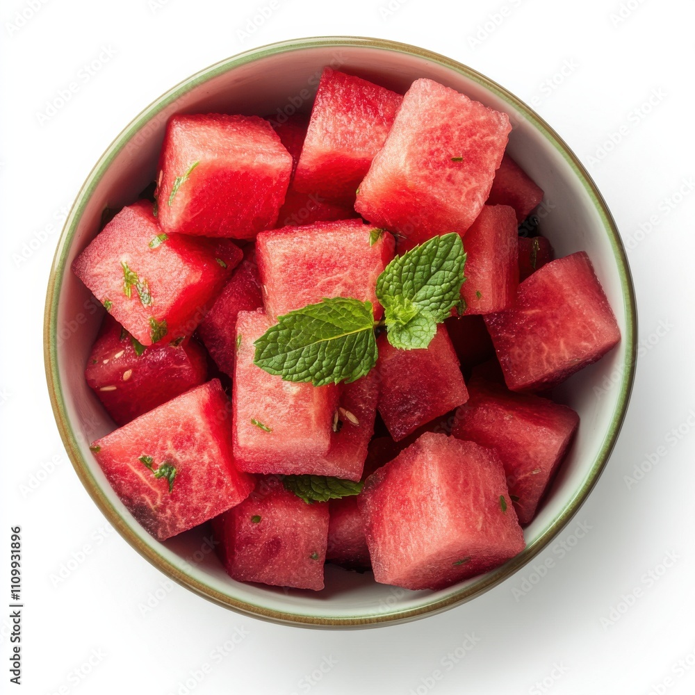 A bowl of fresh watermelon cubes with a sprinkle of mint leaves, isolated white background, modern art style A bowl of fresh watermelon cubes with a sprinkle of mint leaves, isolated white background, modern art style