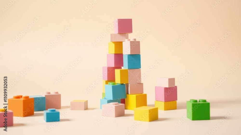 Obraz premium A Colorful Tower of Building Blocks Arranged in a Geometric Pattern on a Light Background