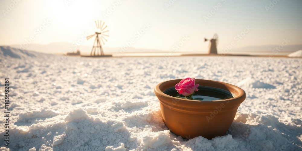 A single pink rose delicately floating in a terracotta bowl on a vast expanse of white salt flats, with windmills silhouetted against the setting sun in the distance A single pink rose delicately floating in a terracotta bowl on a vast expanse of white salt flats, with windmills silhouetted against the setting sun in the distance