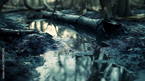 Wallpaper Mural Dark, murky swamp water reflects trees; polluted mud and debris. Torontodigital.ca