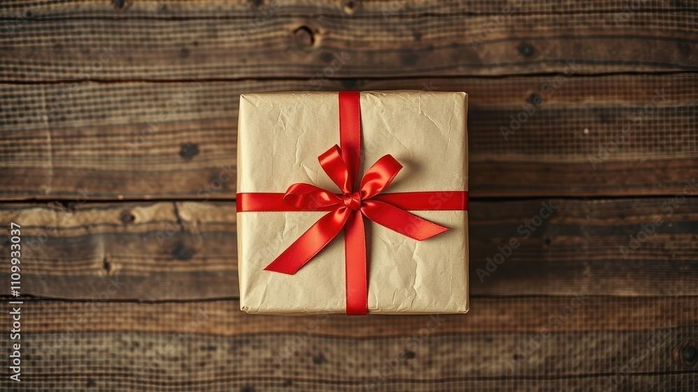 A rustic wooden surface displays a simple brown gift box adorned with a vibrant red ribbon, symbolizing the essence of heartfelt gifting. A rustic wooden surface displays a simple brown gift box adorned with a vibrant red ribbon, symbolizing the essence of heartfelt gifting.