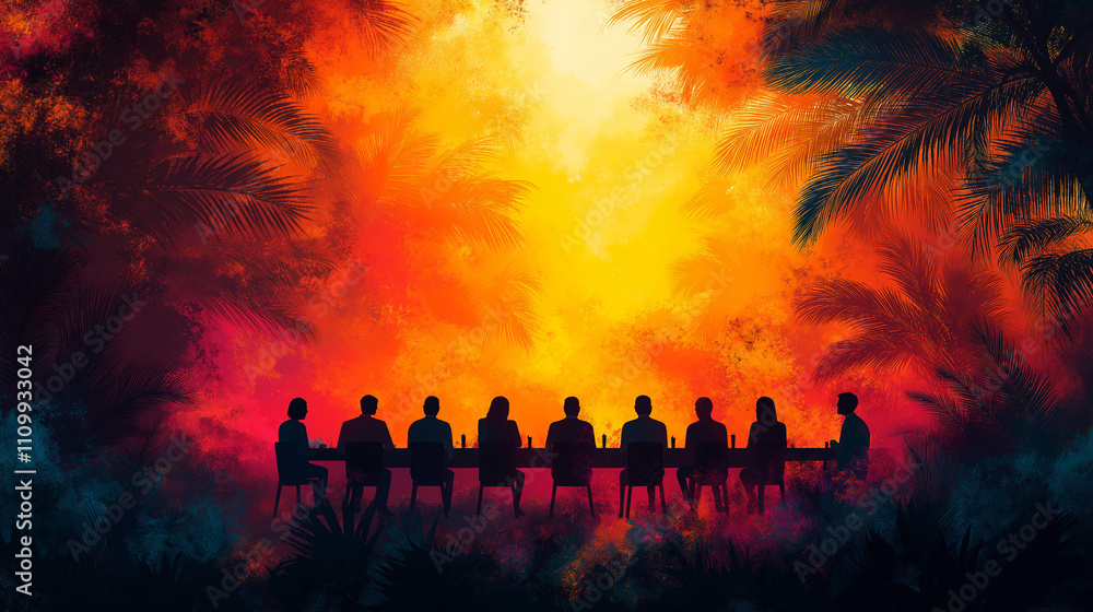 Fototapeta premium Vector illustration of silhouetted figures gather around a long table amidst vibrant tropical foliage, framed by a glowing sunset sky, symbolizing connection, collaboration, and serenity in nature.