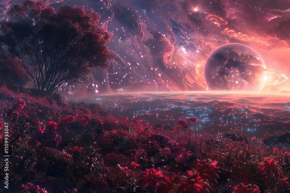 Fototapeta premium A Distant Planet with Red Flowers and a Starry Sky