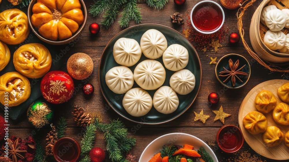 Festive Table Arrangement with Dumplings and Holiday Decorations Festive Table Arrangement with Dumplings and Holiday Decorations