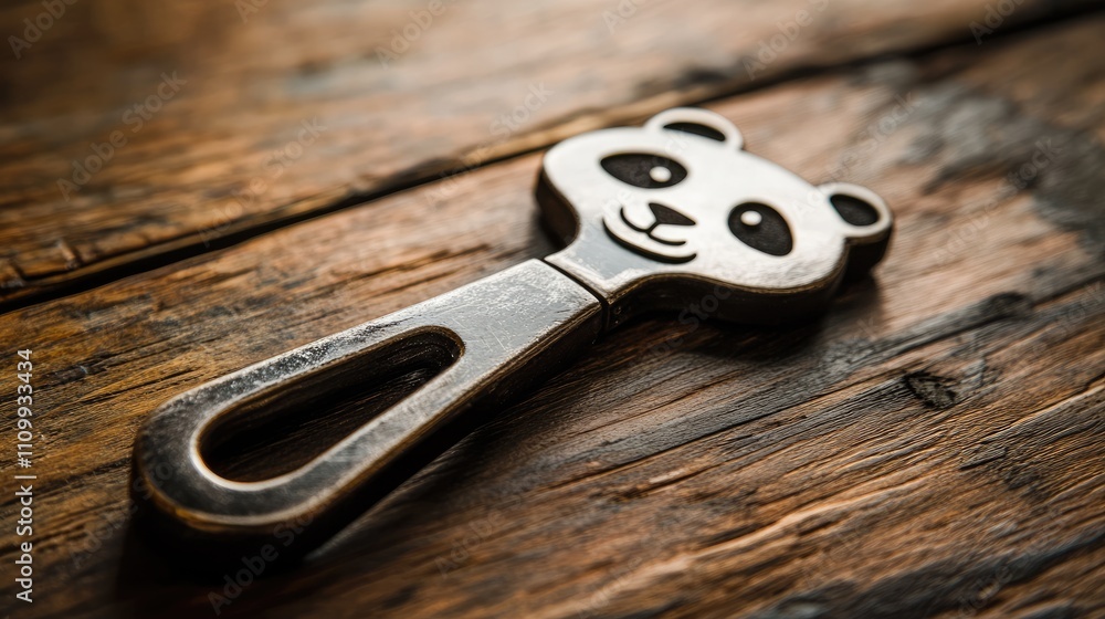 Cute Panda-Shaped Bottle Opener on Weathered Wooden Surface Cute Panda-Shaped Bottle Opener on Weathered Wooden Surface