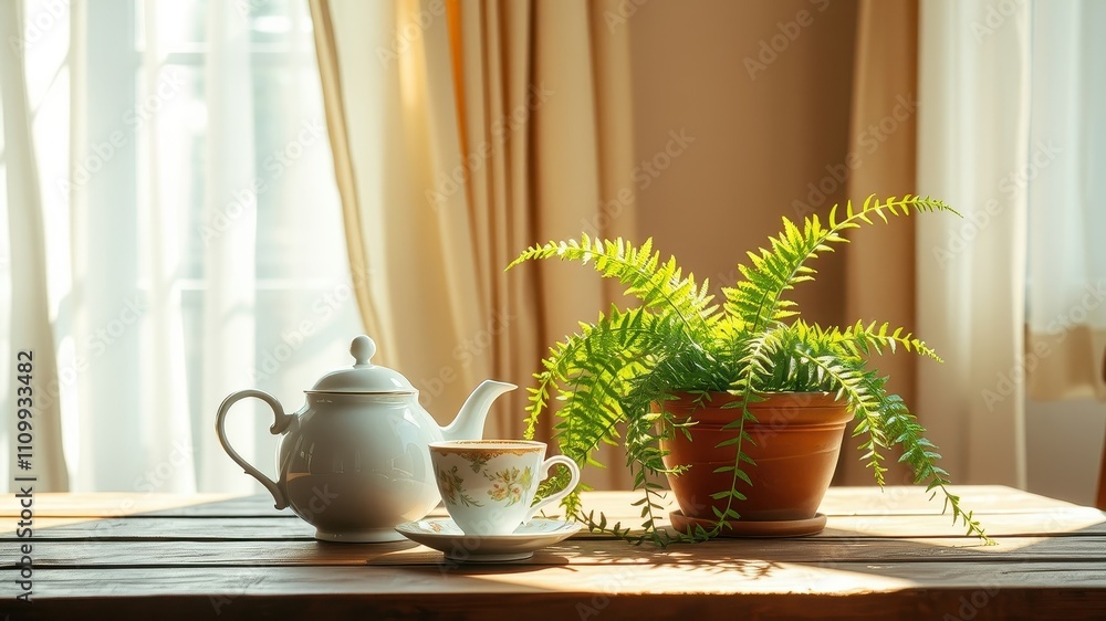 A delicate porcelain teapot and a teacup with floral patterns sit on a rustic wooden table alongside a potted fern, bathed in the warm glow of sunlight streaming through a window. A delicate porcelain teapot and a teacup with floral patterns sit on a rustic wooden table alongside a potted fern, bathed in the warm glow of sunlight streaming through a window.